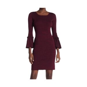 Nina Leonard Bell Sleeve Ribbed Knit Sweater Dress Burgundy Sz M NWT
